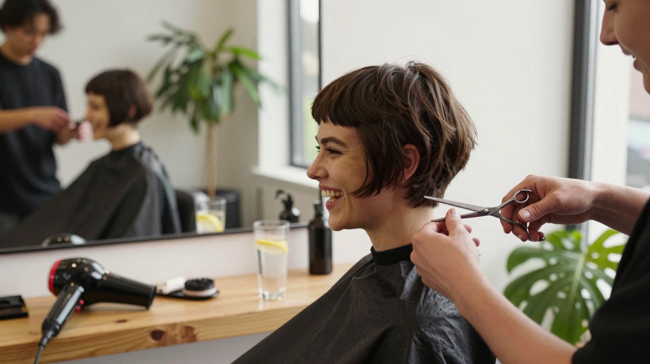 Mulher sorridente recebendo corte de cabelo curto em salão, com secador e vidro de água na bancada.