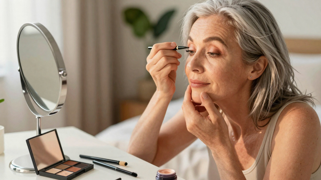 Mulher madura aplicando maquiagem nos olhos em frente ao espelho com produtos de beleza na mesa.