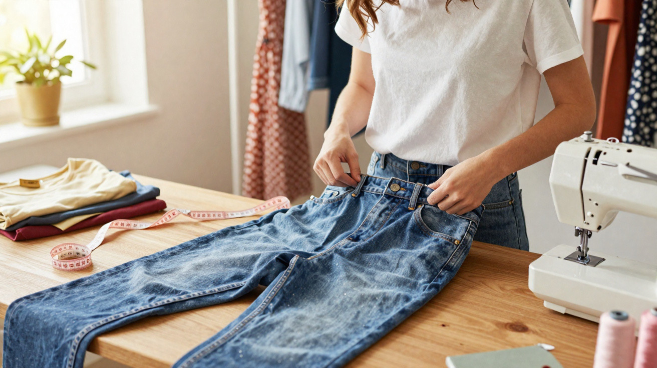Pessoa ajustando uma calça jeans sobre mesa de madeira com máquina de costura ao lado.