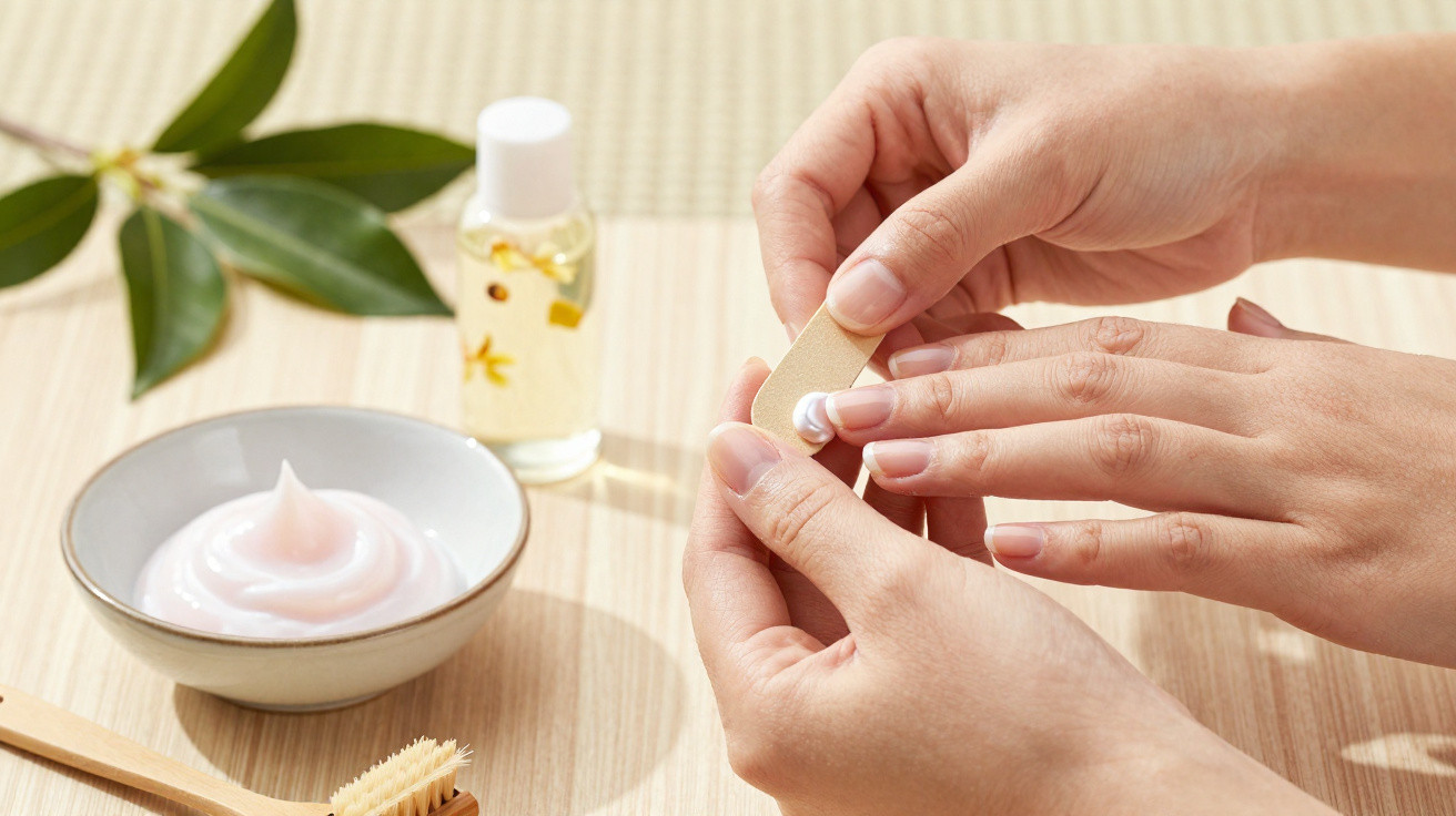 Mãos femininas aplicando creme nas unhas com produtos de cuidado e plantas ao fundo.