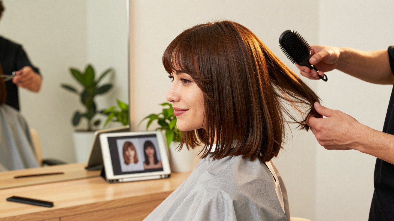 Mulher sorrindo com cabelo castanho médio sendo penteada por cabeleireiro em salão.