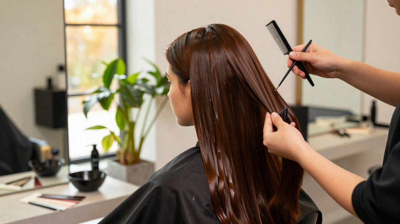 Cabeleireiro aplicando tratamento capilar em cabelo longo e liso de mulher em salão de beleza moderno.