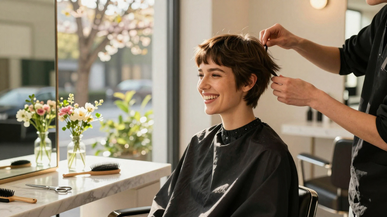 Mulher sorrindo durante corte de cabelo em salão iluminado com flores no balcão ao lado.