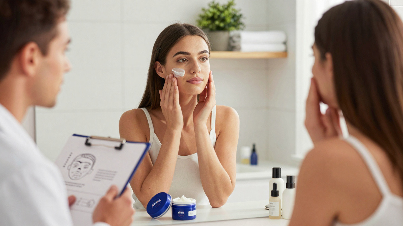 Mulher aplicando creme facial em frente ao espelho com orientação de profissional ao lado.
