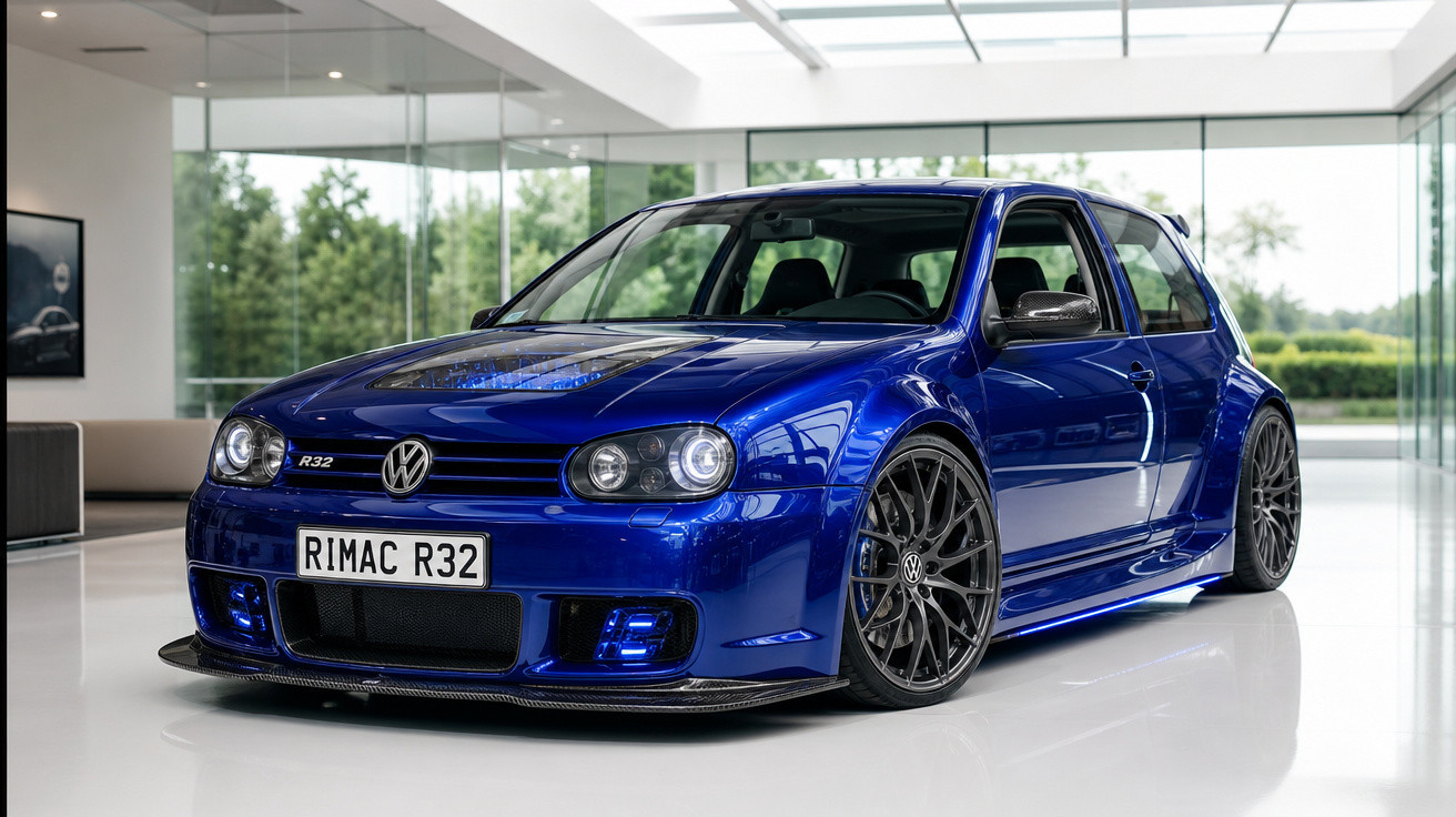 Carro esportivo Volkswagen Golf R32 azul com rodas pretas, em ambiente interno moderno e iluminado.