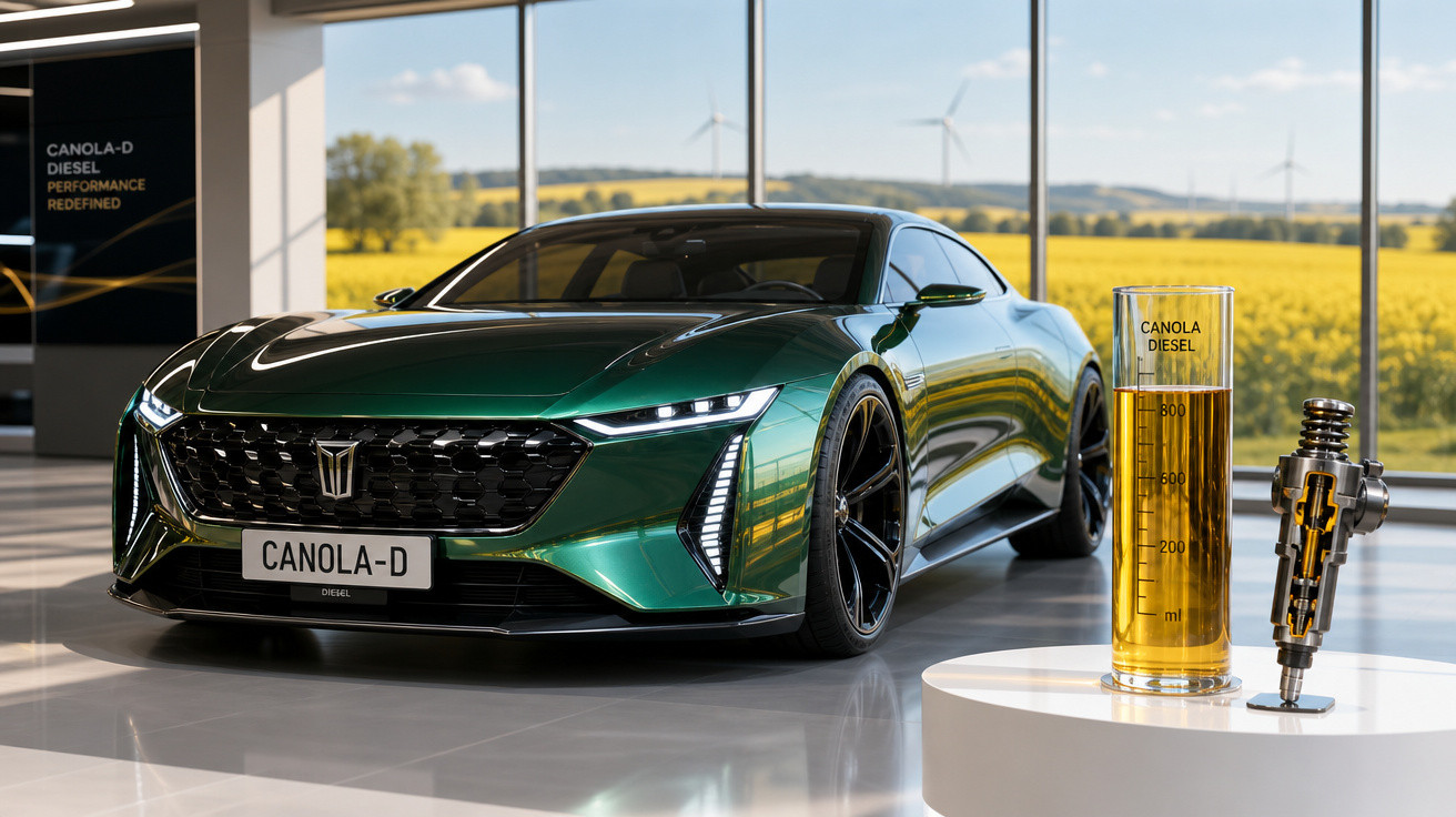 Carro esportivo verde elétrico com placa Canola-D exibido em showroom com cilindro de combustível Canola Diesel ao lado.