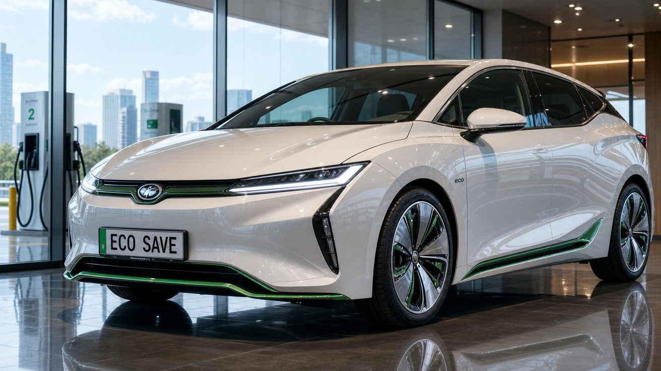 Carro elétrico branco estacionado em showroom moderno com detalhes verdes e placa ECO SAVE.
