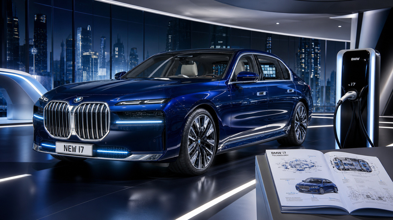 Carro BMW i7 azul elétrico em exposição futurista com carregador e livro técnico aberto.