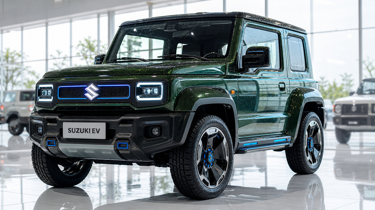 SUV elétrico Suzuki EV verde estacionado em showroom moderno com piso branco refletivo.