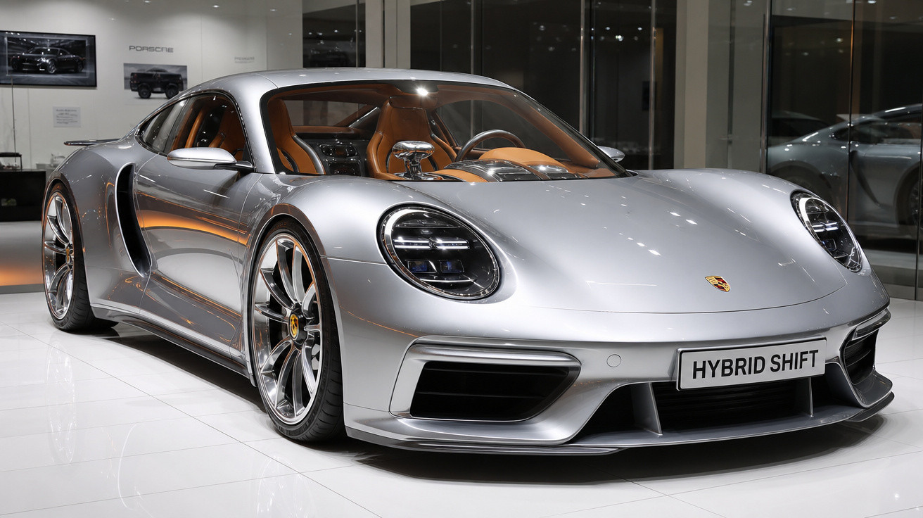 Carro esportivo prata Porsche híbrido exibido em showroom moderno com vidro e piso branco.