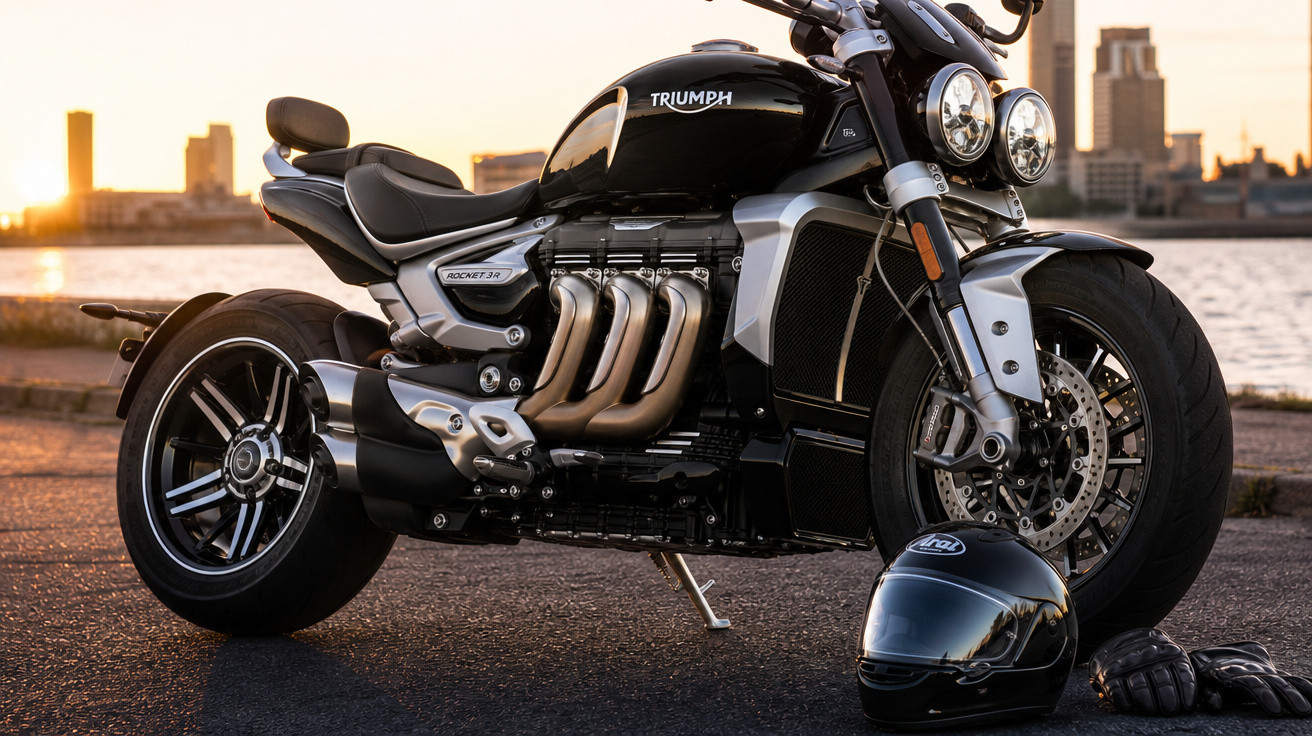 Motocicleta Triumph Rocket 3 R preta estacionada ao pôr do sol, com capacete e luvas no chão.