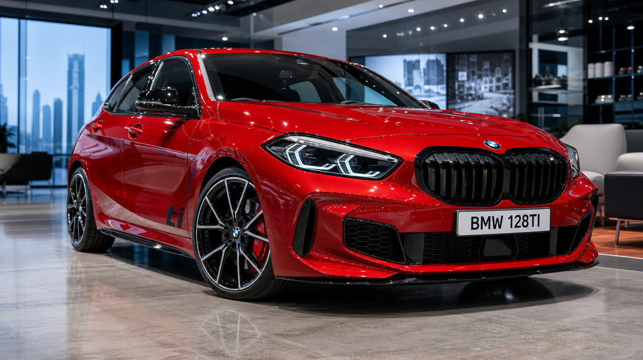 Carro esportivo vermelho BMW 128ti em salão moderno com piso refletivo e decoração contemporânea.