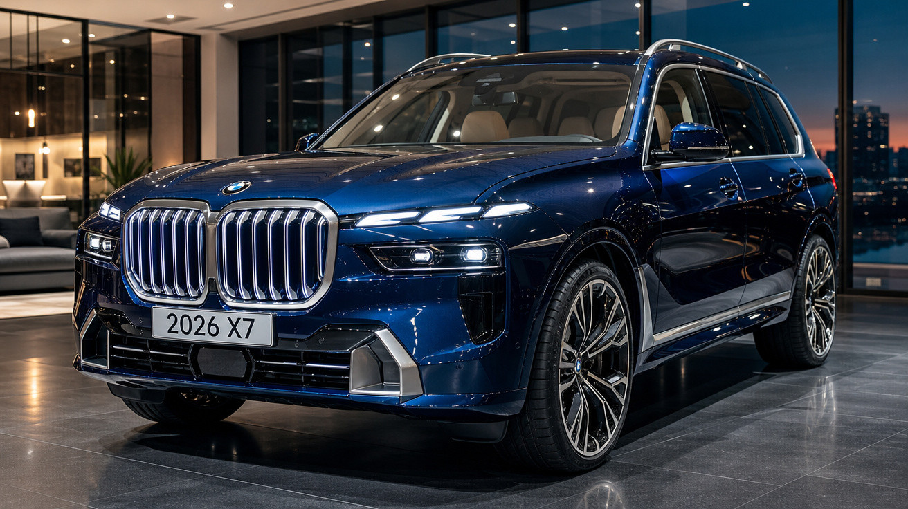 SUV BMW X7 2026 azul metálico exibido em ambiente interno moderno e iluminado.