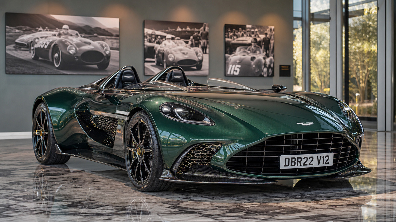 Carro esportivo verde Aston Martin conversível com placas DBR22 V12 em exposição interna.