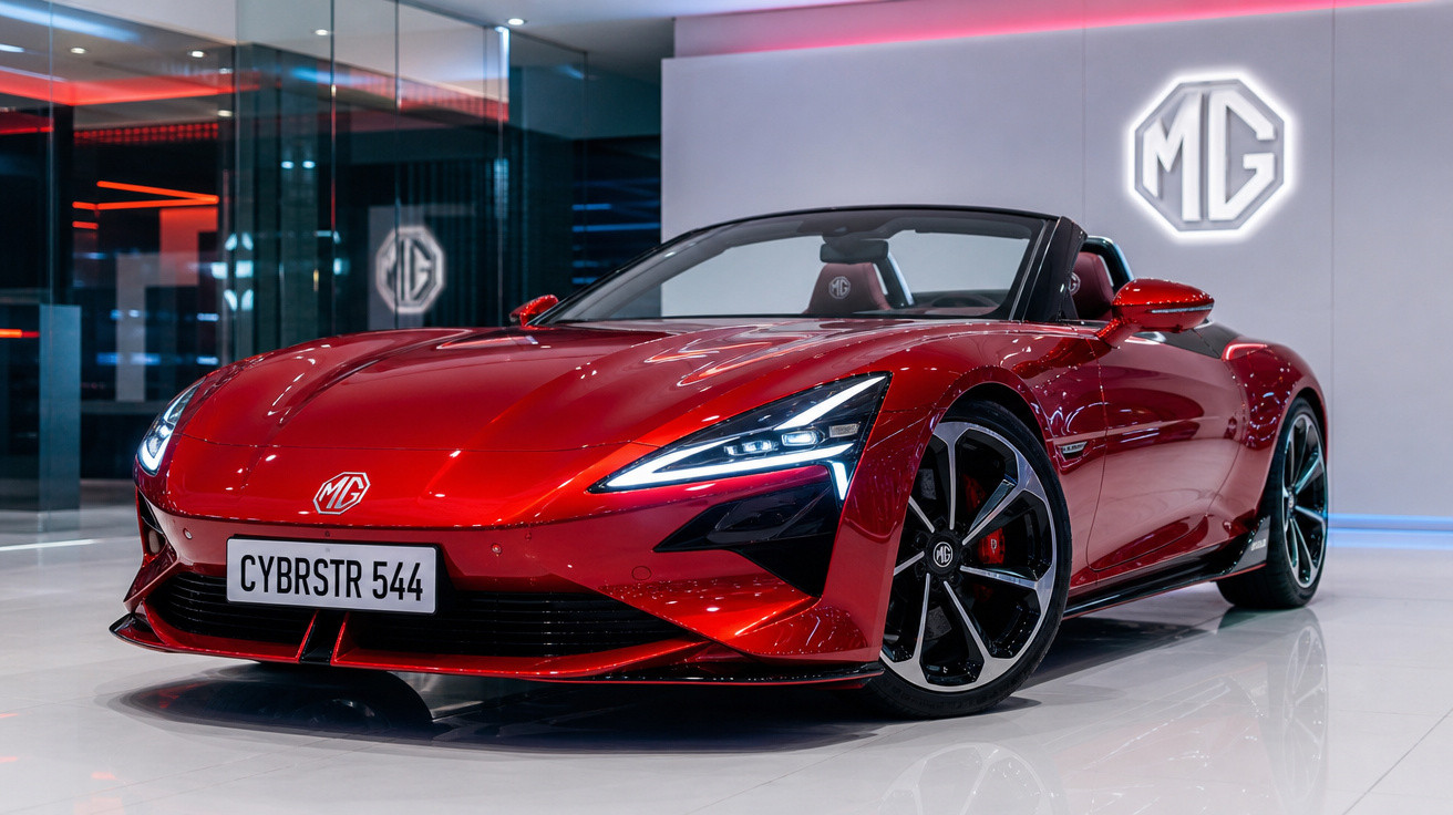 Carro esportivo conversível vermelho MG Cybrstr 544 em showroom moderno.