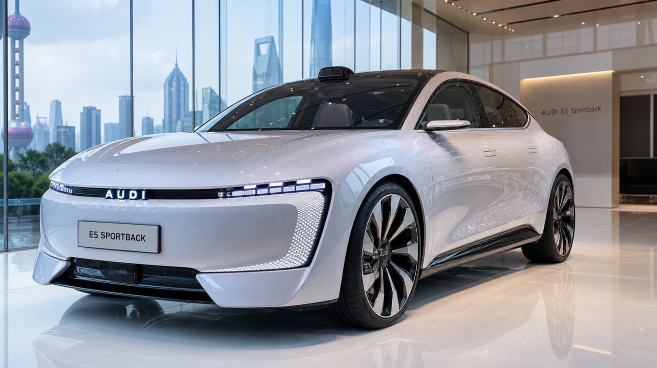 Carro elétrico Audi E5 Sportback prata em salão moderno com arquitetura de vidro ao fundo.