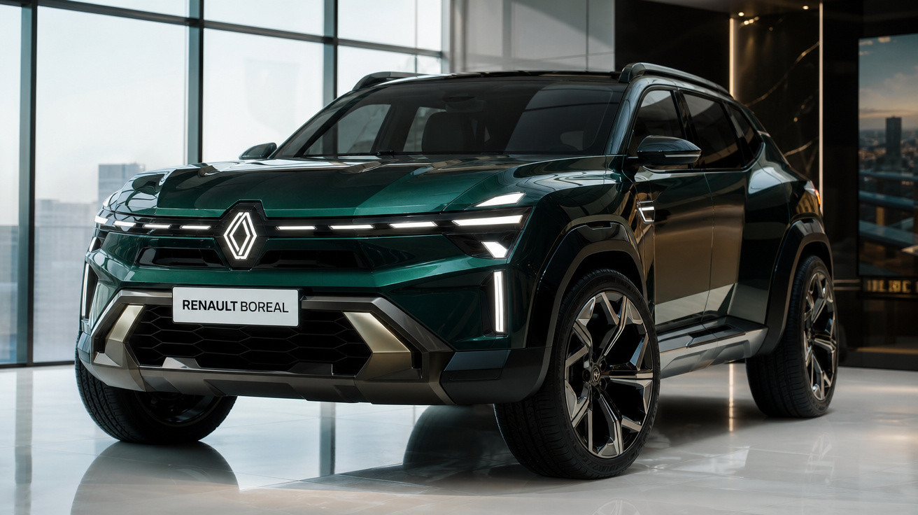 SUV elétrico Renault Boreal verde escuro exibido em showroom moderno com janelas amplas.
