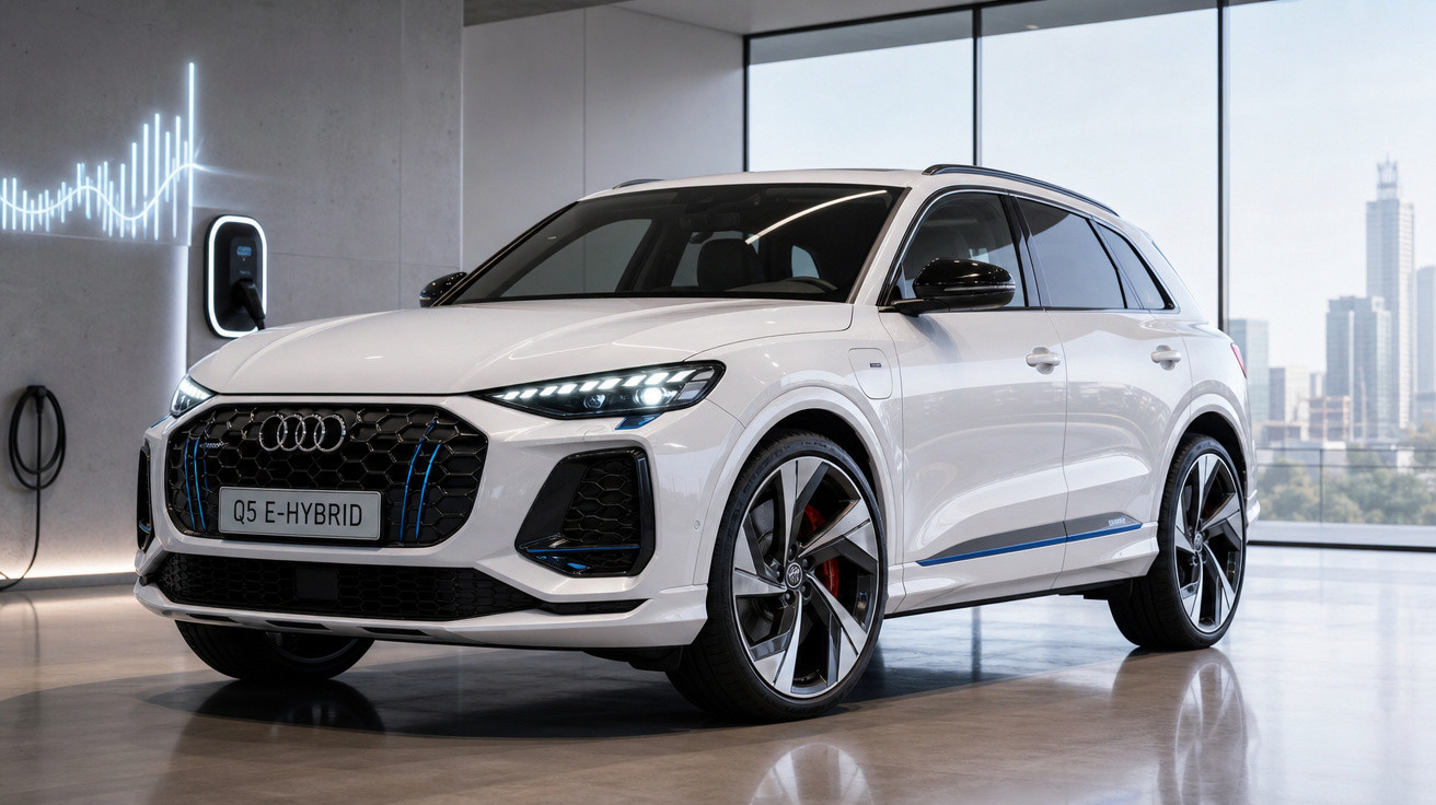 Carro Audi Q5 E-Hybrid branco estacionado em ambiente interno moderno com janela panorâmica.
