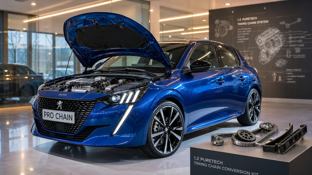 Carro Peugeot azul com capô aberto exibindo motor, ao lado de peças de sistema de corrente de tempo em exposição.