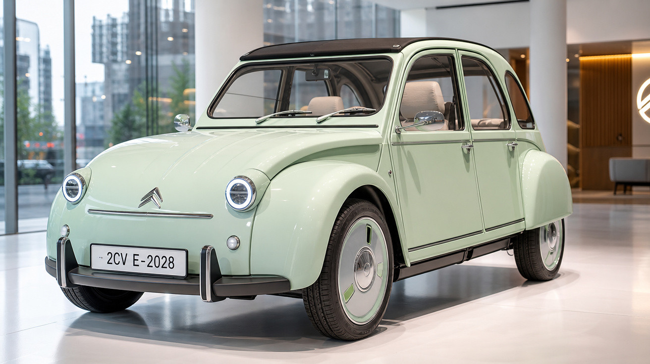 Carro Citroën 2CV E-2028 verde claro exibido em ambiente interno moderno.