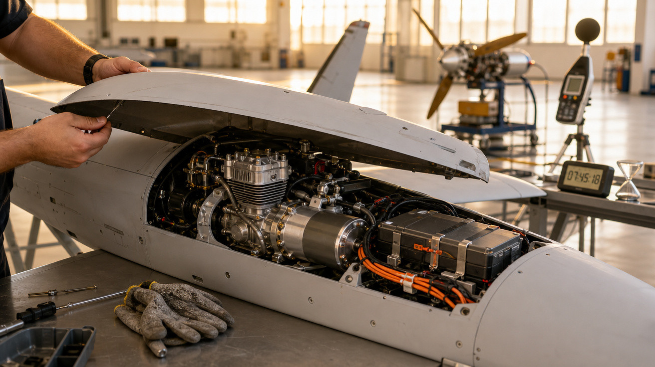Pessoa abrindo compartimento de motor de drone ou aeromodelo em oficina com relógio e equipamentos ao fundo.