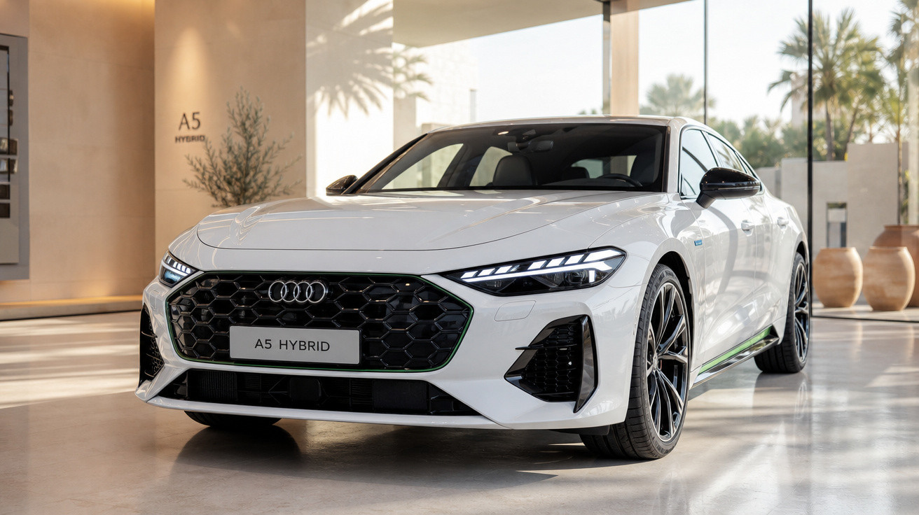 Carro Audi A5 Hybrid branco estacionado em showroom moderno com piso brilhante e plantas ao fundo.