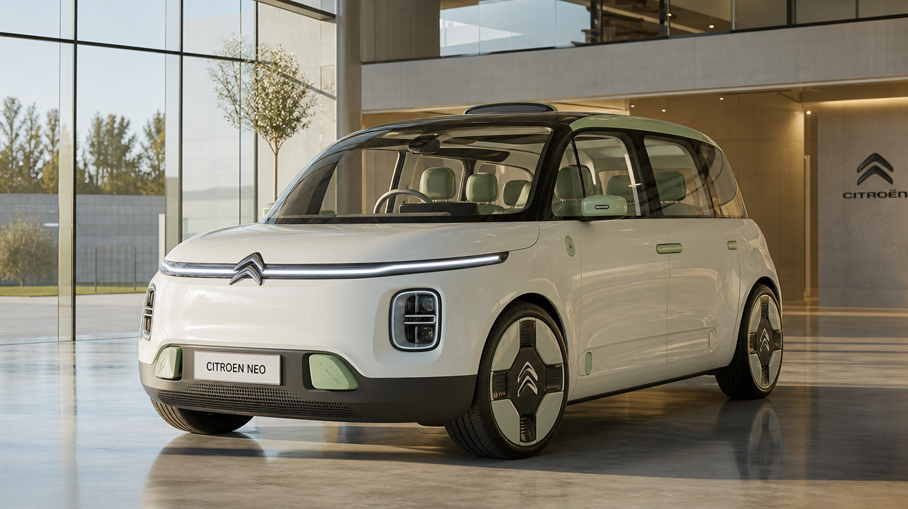 Carro Citroën Neo branco exposto em ambiente moderno com janela ampla e iluminação natural.