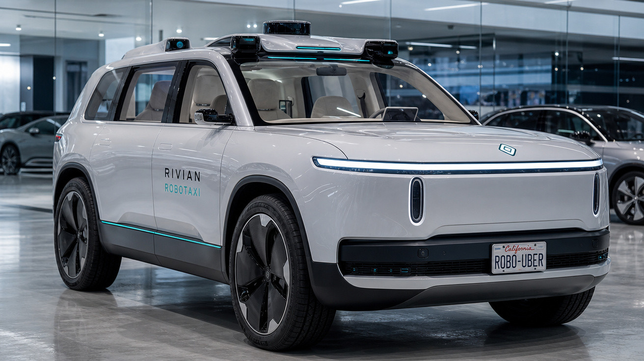 Carro autônomo branco Rivian RoboTaxi estacionado em ambiente interno moderno.