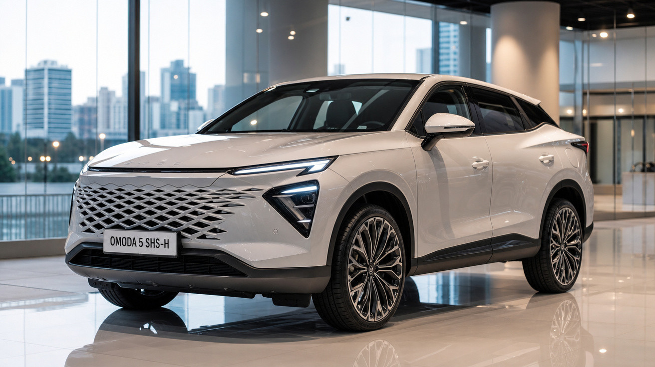 SUV branco Omoda 5 SHS-H exibido em showroom moderno com janelas grandes e vista urbana ao fundo.