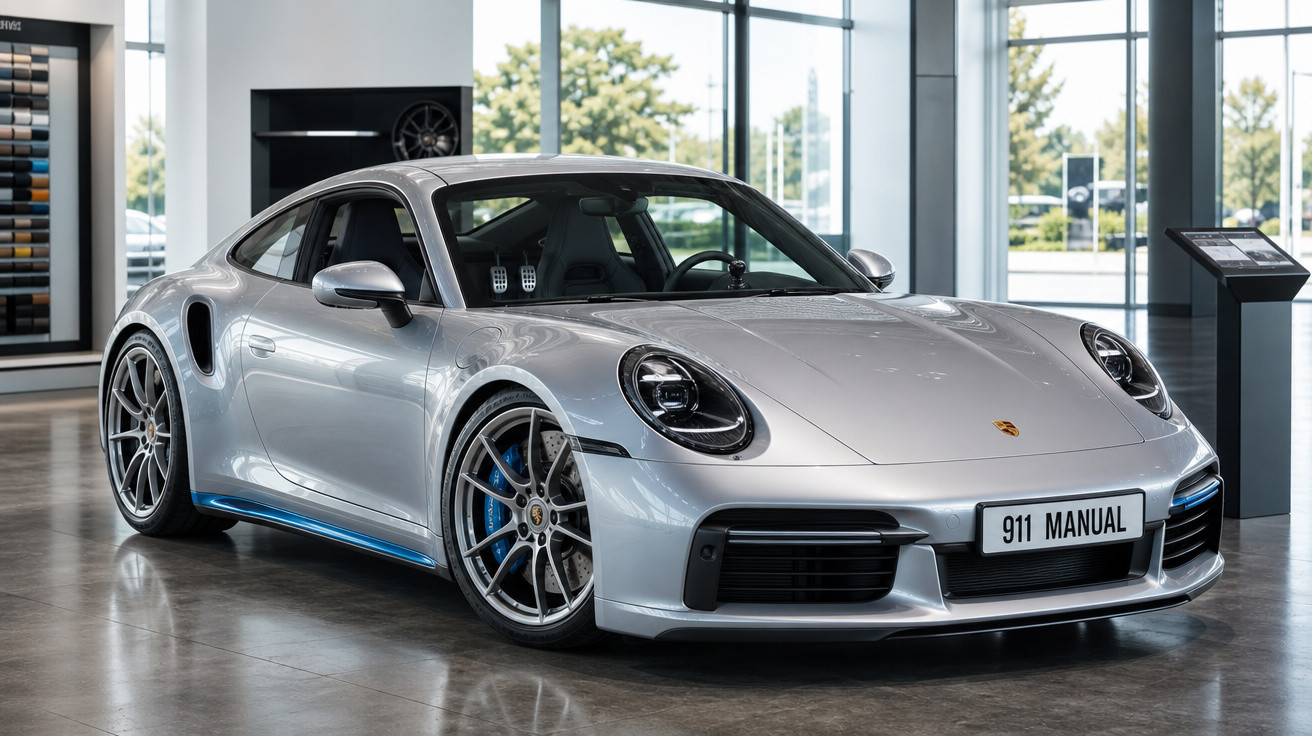 Carro esportivo prata Porsche 911 com placa "911 MANUAL" em showroom moderno com janelas grandes.