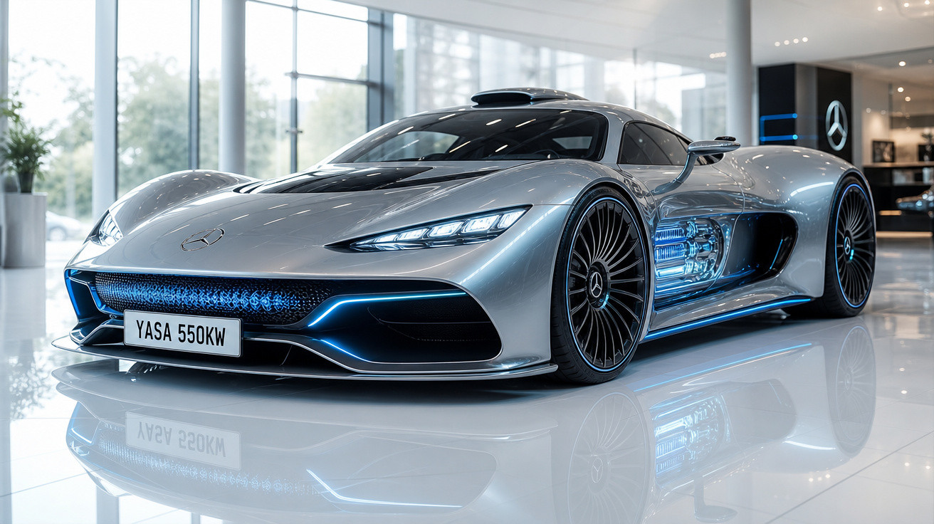 Carro esportivo prata Mercedes-Benz futurista em vitrine com luzes azuis e rodas aerodinâmicas.