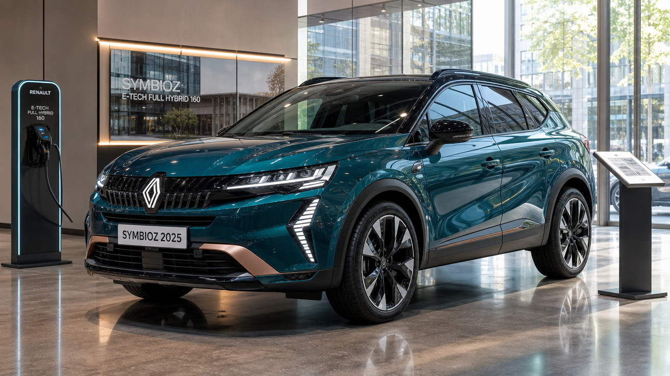 Carro elétrico Renault Symbioz 2025 em showroom moderno com carregador ligado à parede.