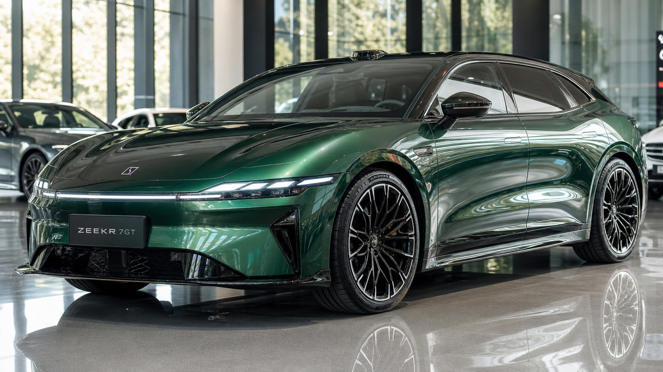 Carro elétrico esportivo Zeekr 7GT verde metálico exibido em showroom moderno.