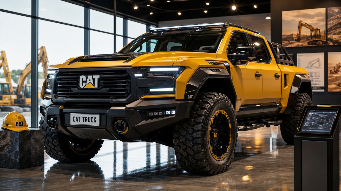 Picape amarela robusta CAT em exposição interna com capacete amarelo ao lado e maquinário ao fundo.