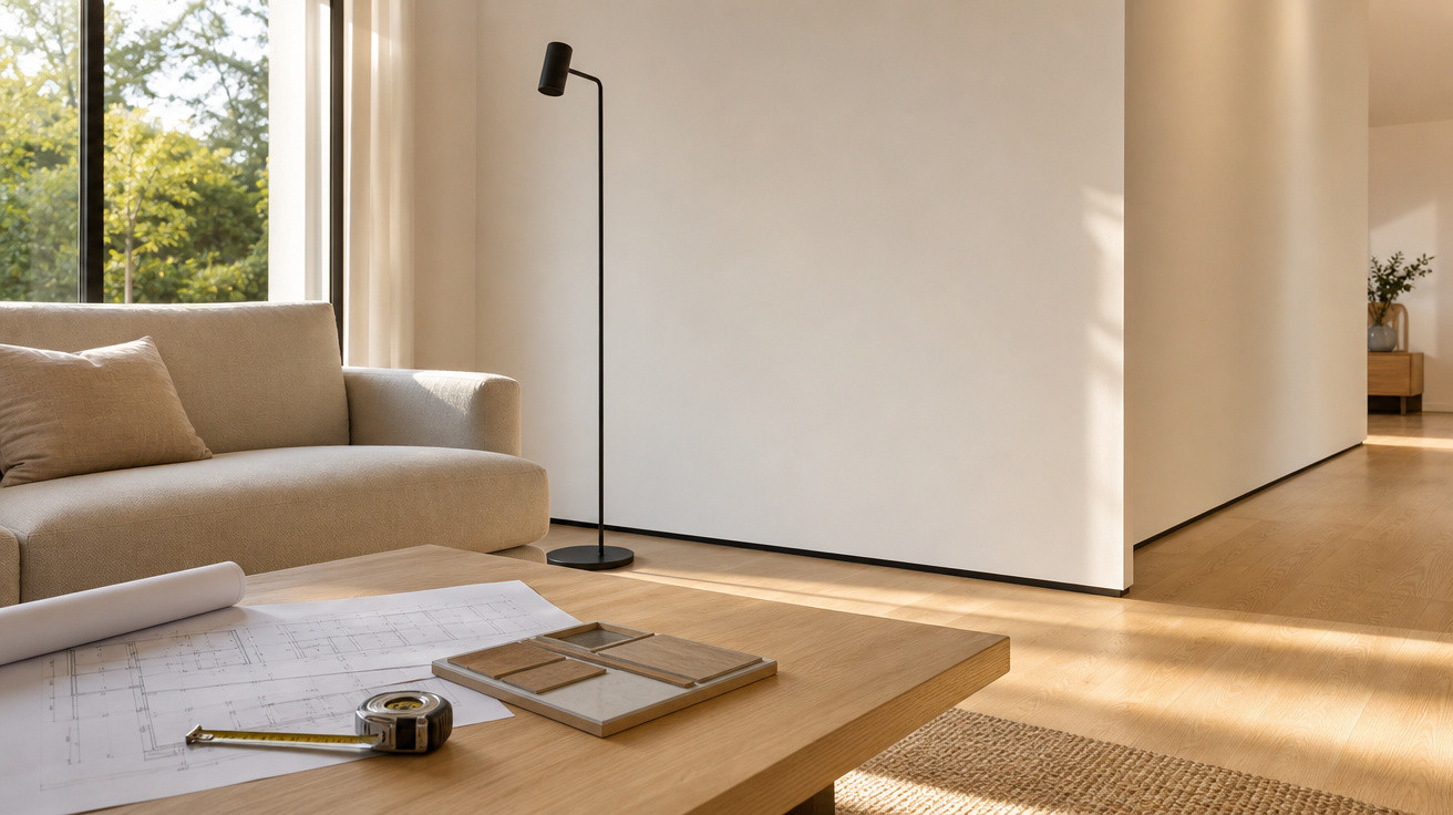 Sala de estar minimalista com sofá bege, luminária preta, mesa de madeira e plantas ao fundo.