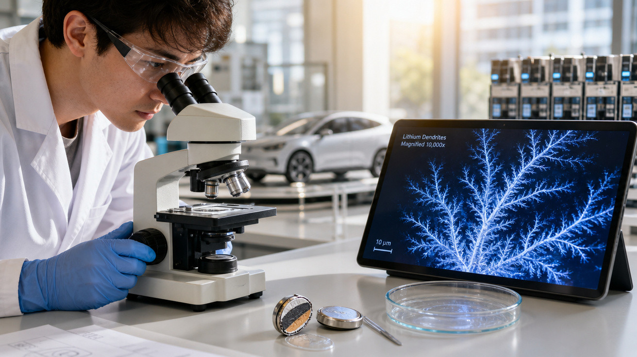 Cientista usando microscópio para analisar dendritos de lítio, imagem ampliada exibida em tela digital.