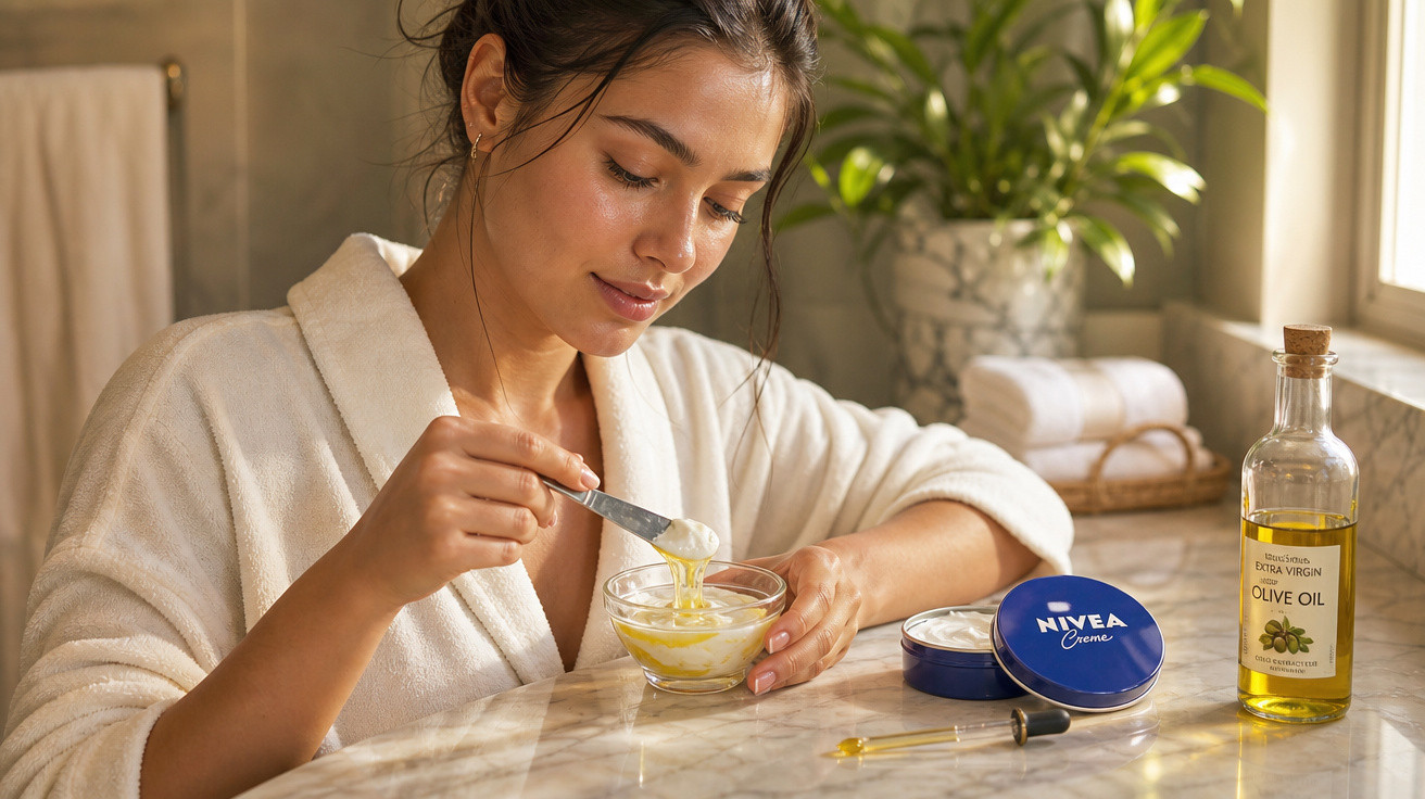 Mulher em robe branco preparando creme caseiro com óleo de oliva e Nivea na bancada do banheiro.