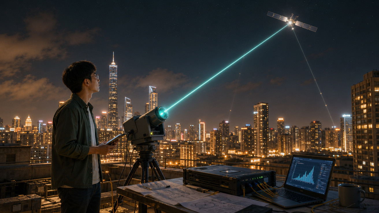 Homem operando equipamento que envia sinal a satélite sobre cidade iluminada à noite.