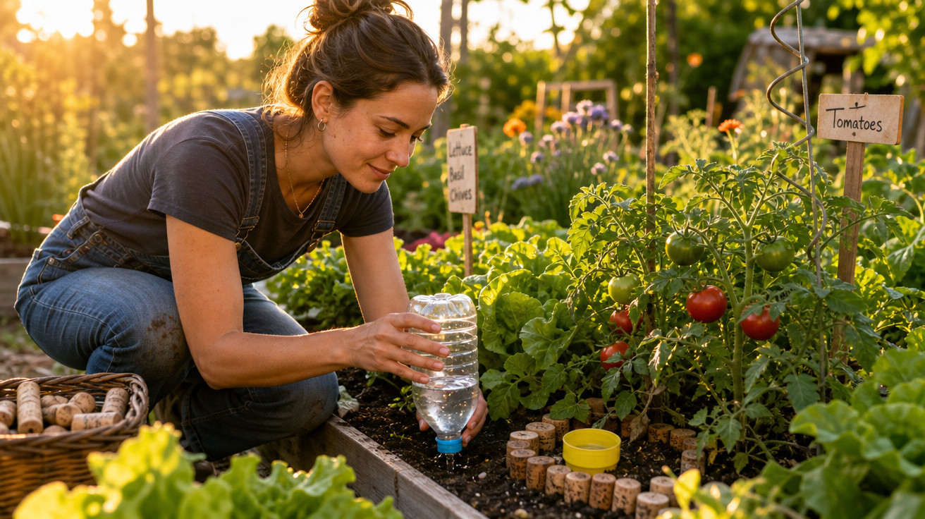 Mulher regando plantas em horta caseira com tomates e ervas ao entardecer.