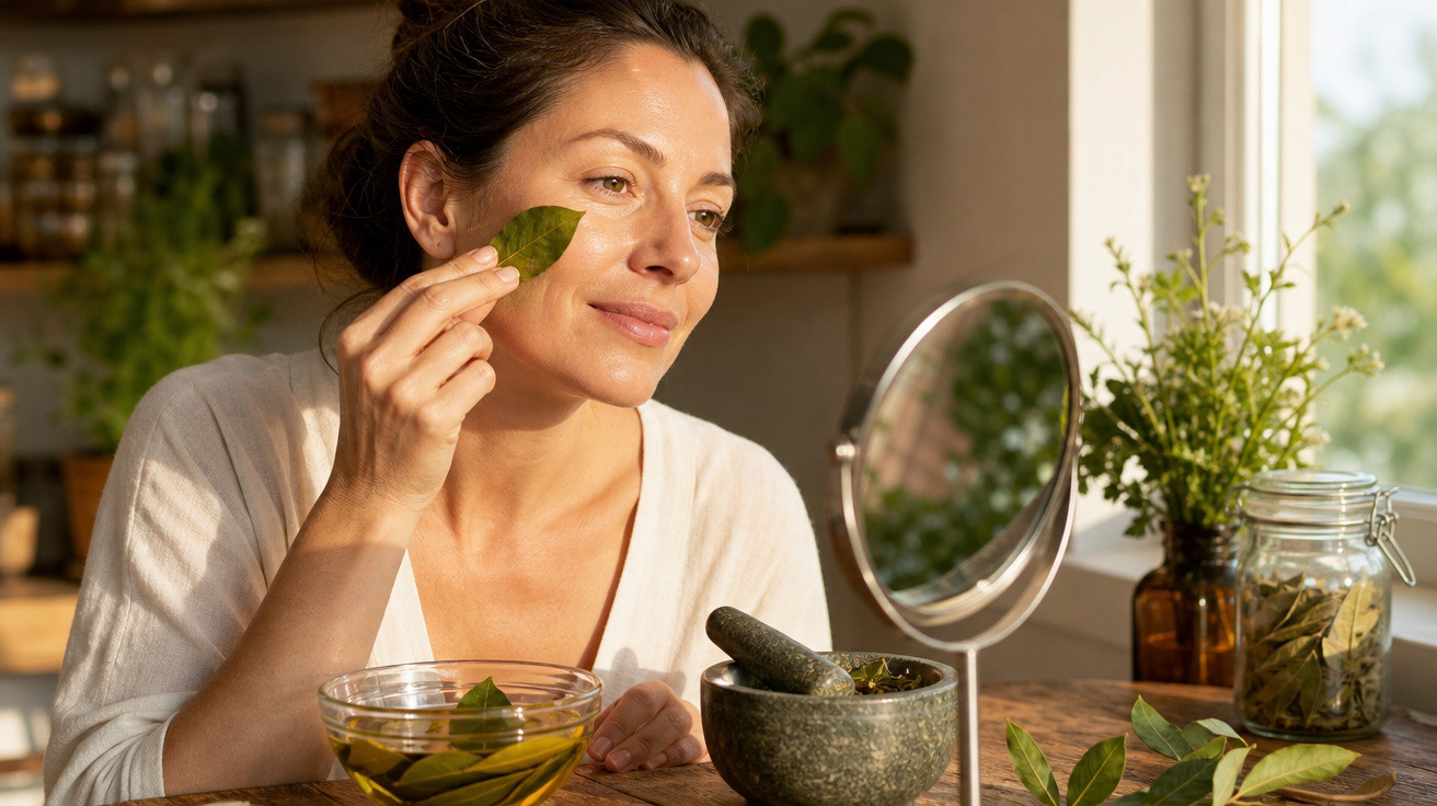 Mulher aplicando folha natural no rosto, sentada à mesa com espelho, pote e planta ao fundo, em ambiente iluminado.