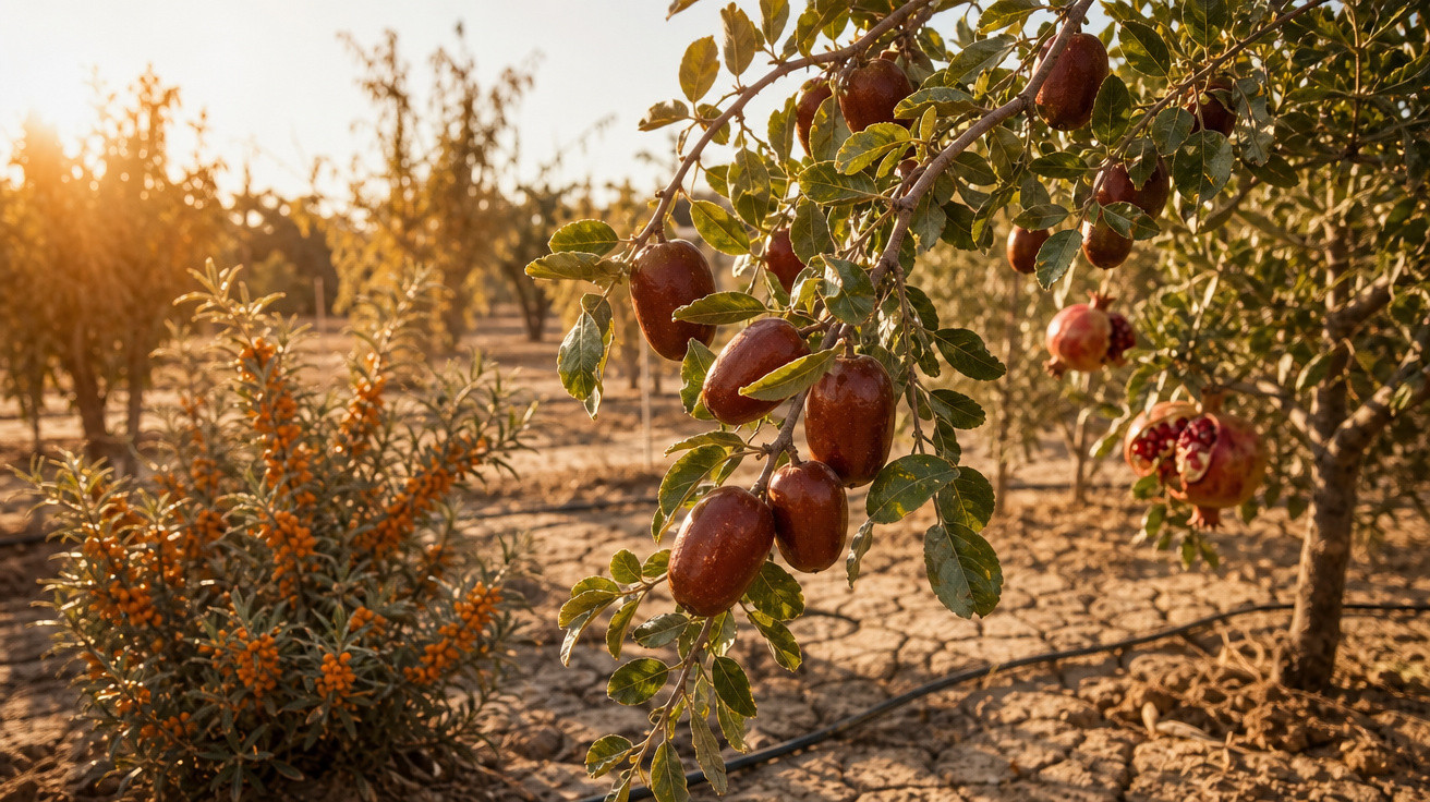 Frutos maduros em galho de árvore em solo seco ao pôr do sol em pomar rústico.