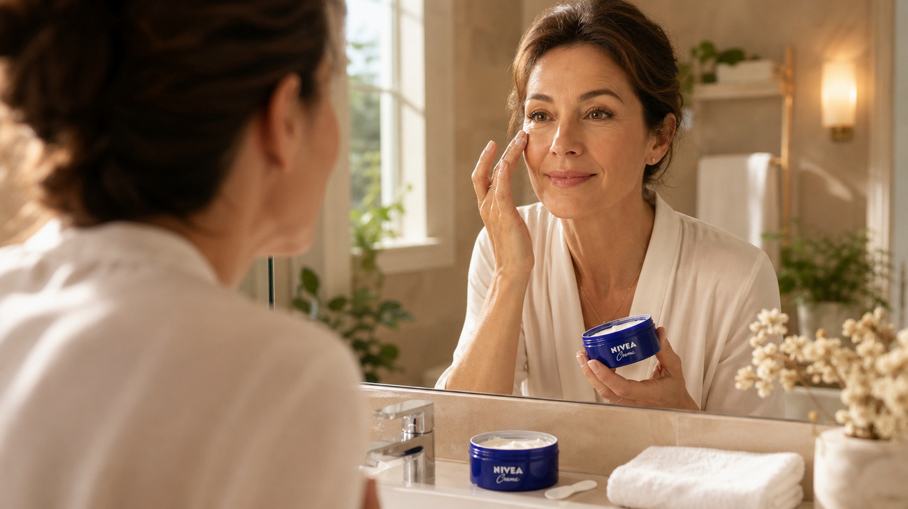 Mulher aplicando creme facial Nivea na frente do espelho em banheiro claro e decorado.