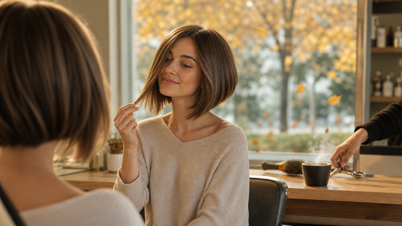 Mulher com cabelo curto liso admirando seu corte em salão de beleza com janela ao fundo.