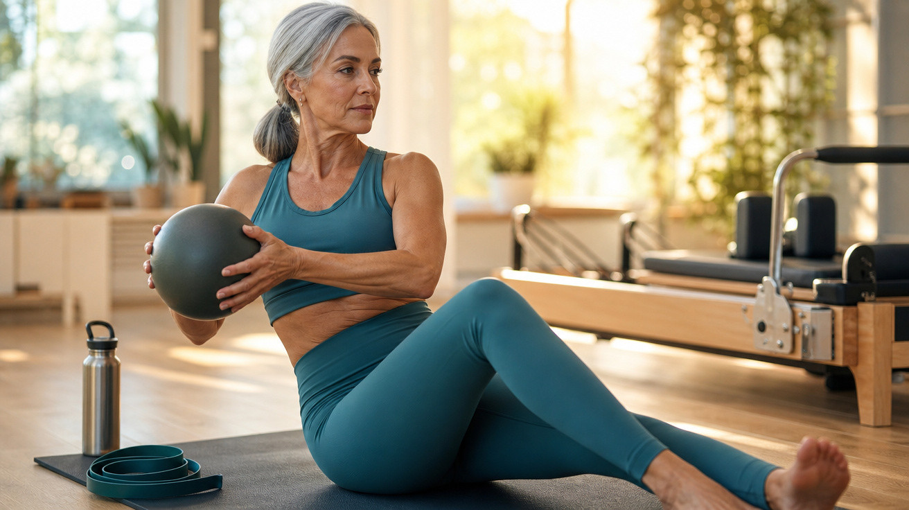 Mulher madura em roupa esportiva azul fazendo exercício com bola medicinal em estúdio de pilates.