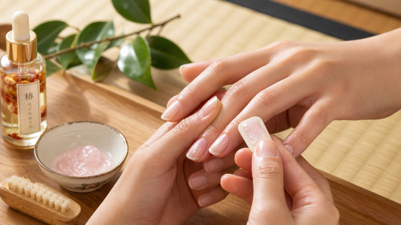 Pessoa lixando unhas com itens de manicure sobre mesa de madeira e folhas verdes ao fundo.