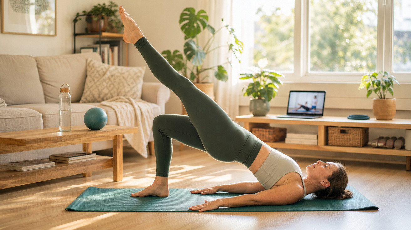 Mulher fazendo exercício de pilates em tapete azul na sala iluminada com plantas e laptop ao fundo.