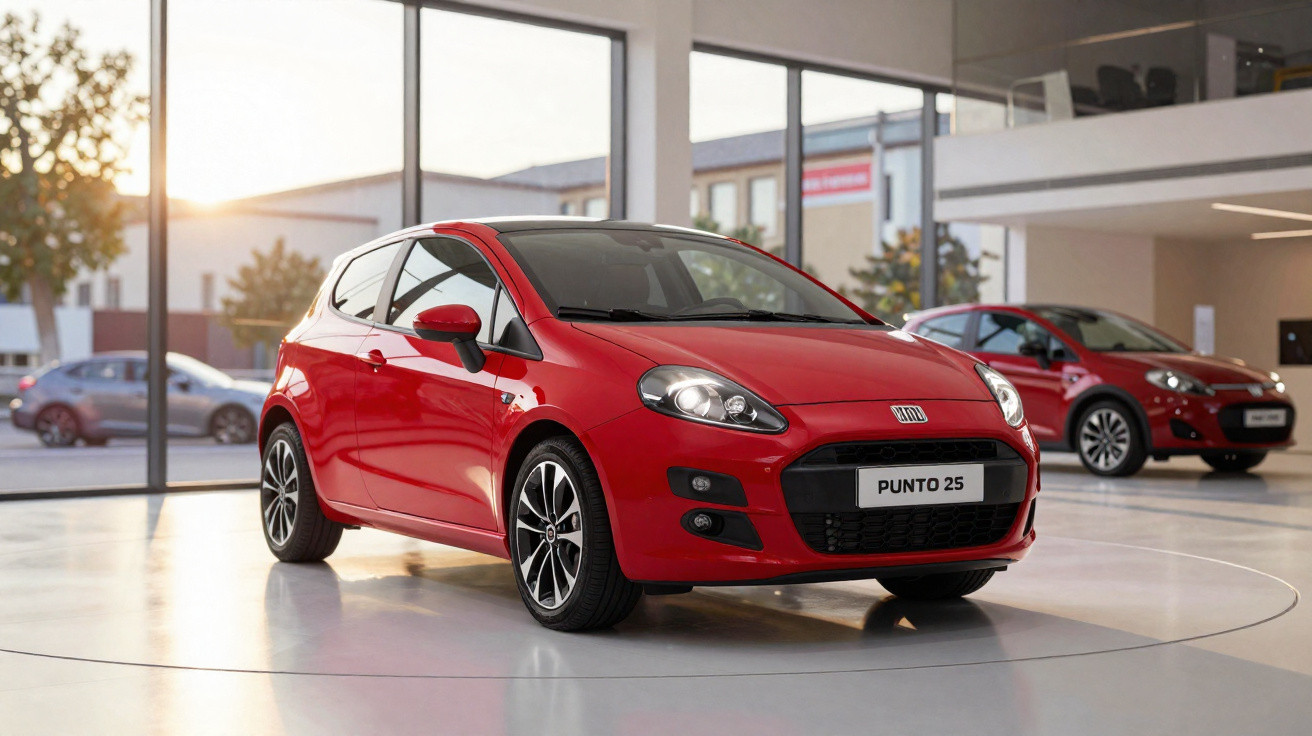 Carro vermelho modelo Punto 25 exposto em salão de automóveis moderno com grandes janelas.