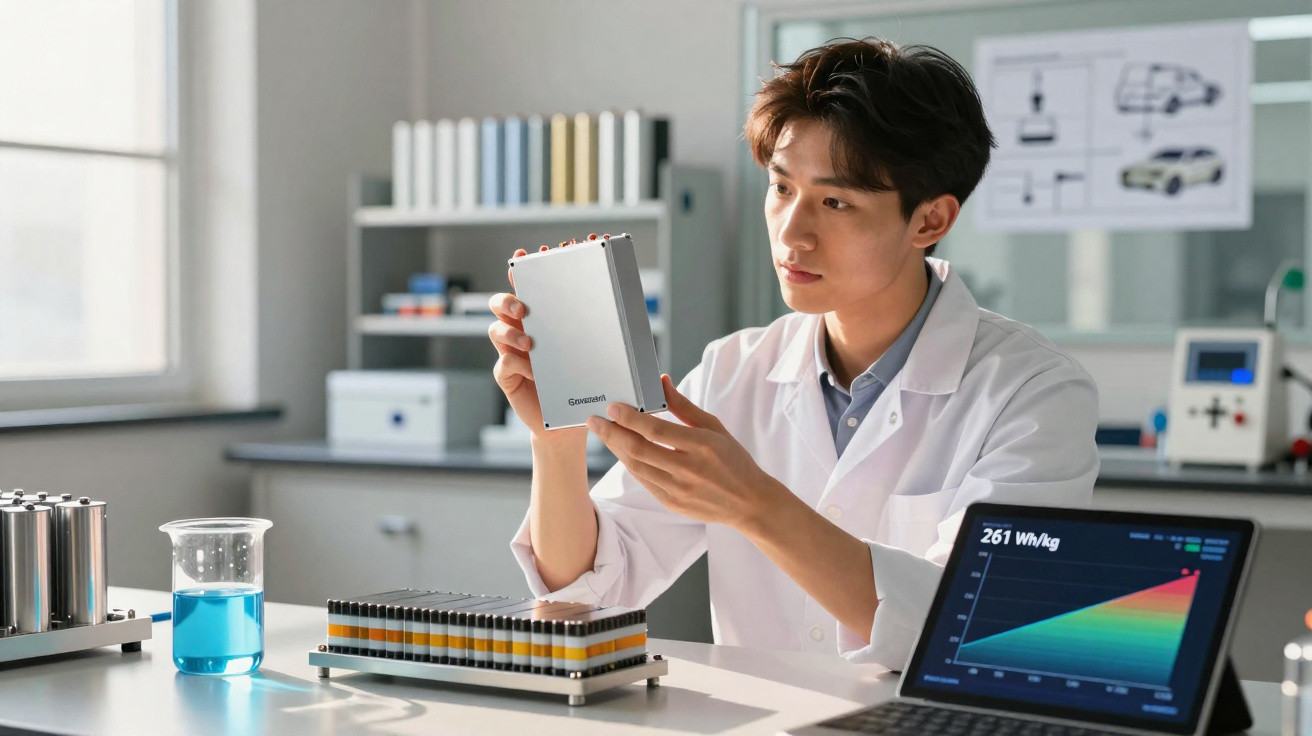 Homem em laboratório analisando bateria com gráfico de desempenho no laptop à sua frente.