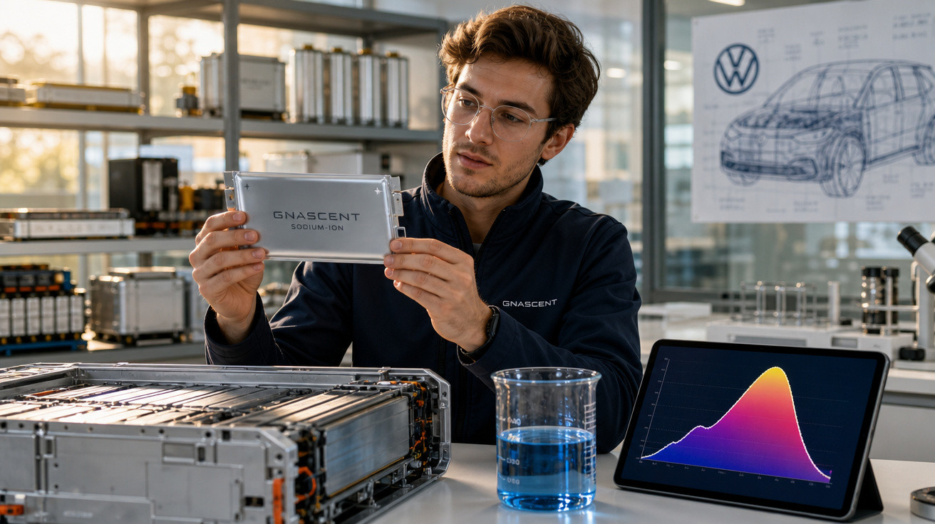 Homem analisando bateria de íons de sódio em laboratório com gráfico em tablet e tanque com líquido azul ao lado.