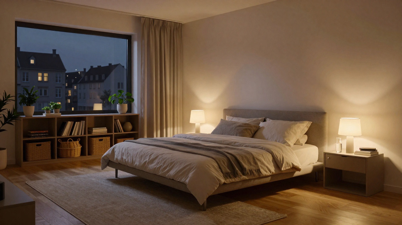 Quarto moderno à noite com cama de casal, duas luminárias acesas, estante com plantas e janela grande mostrando prédios.